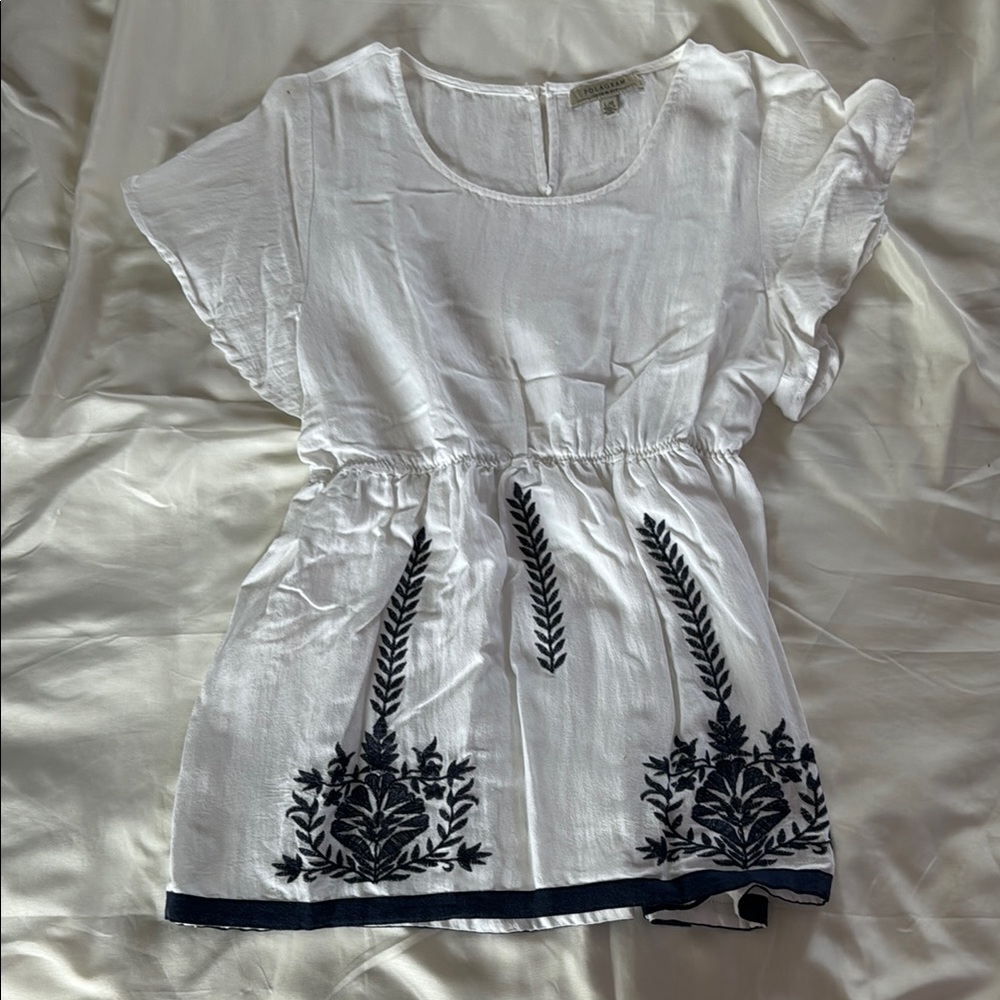 Polagram White and Navy Floral Blouse with Elastic Waist